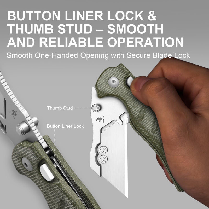 Kizer C01C Uti 1 (Dual-screw Version) Utility Knife, Button Liner Lock Box Cutter EDC Pocket Knife with 5PCS Razor Blades, Green Micarta Handle Small Folding Knives for Men Women, V3488.29JSM1 Light Green