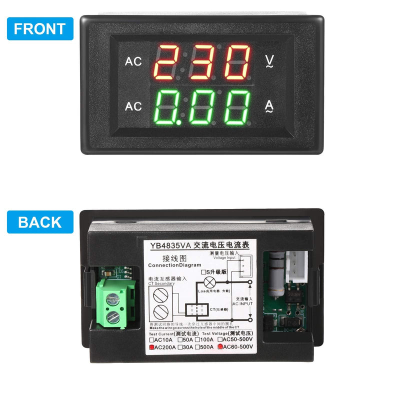 Volt Amp Meter 500V 200A Voltmeter Voltage and Current Meter Digital Dual Display, 0.39 Inches LED 2 in 1 Multimeter, 2 Wire Voltage Amperage Tester Gauge with Current Transformer (2 Pieces)