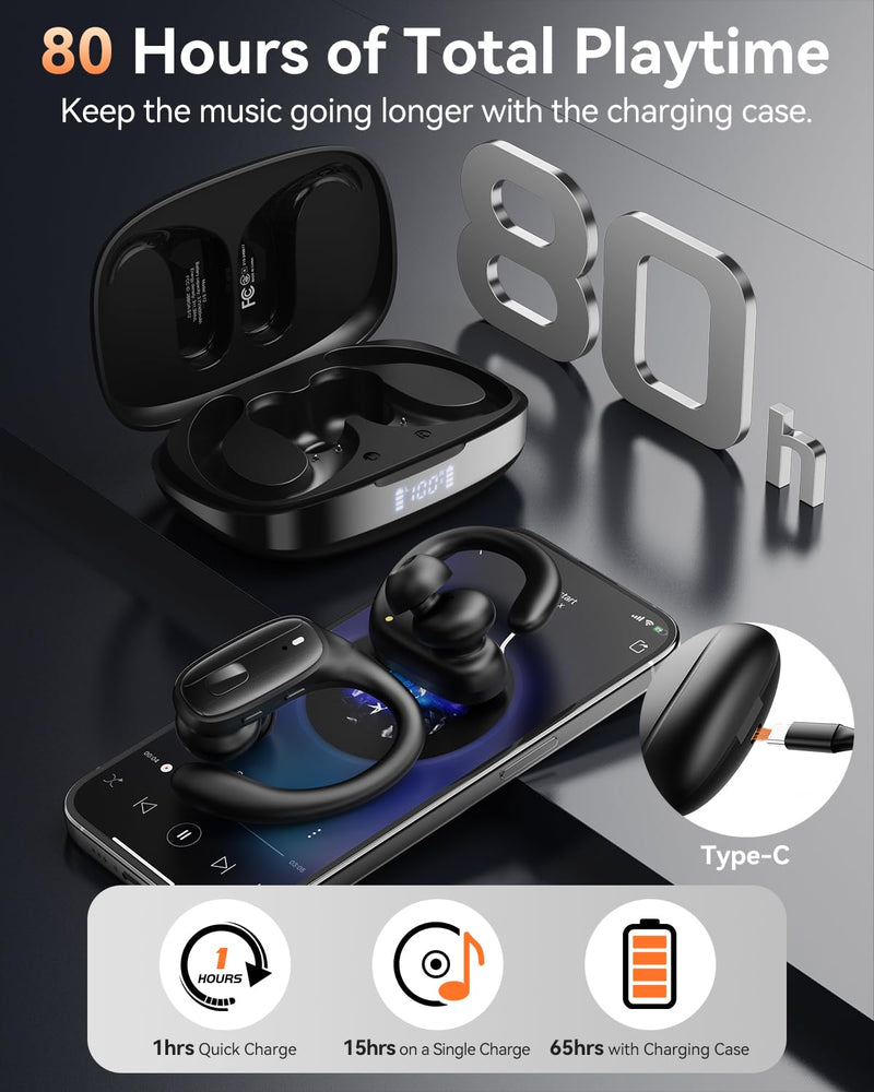 Wireless Earbuds with Ear Hooks, Running Headphones, Ear Buds for Sports | 80H Long Playtime, Noise Cancelling, Physical Button Control, LED Display, IPX7 Waterproof Workout Earphones, Black