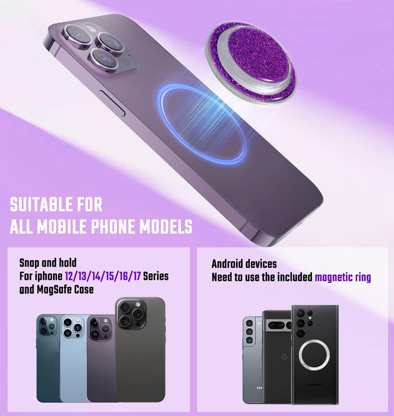 Magnetic Glitter Phone Holder Compatible with Phones, Foldable Phone Grip Stand for Magsafe Smartphones, Tablet,Phone Case - Transparent Purple Sparkly