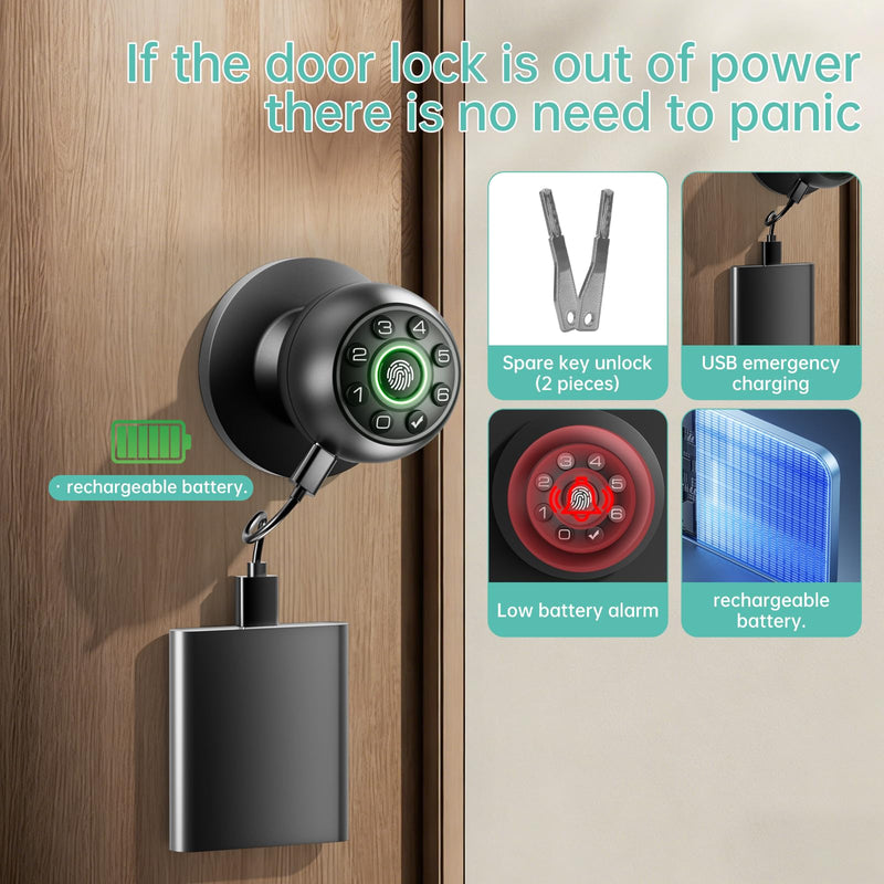 Fingerprint Door Lock - Smart Door Knob, Biometric Door Lock with Keypad Passcode Door Handle for Bedroom Home Office (Black) Black APP