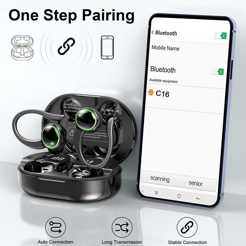 Wireless Earbuds Sports, Bluetooth 5.4 Headphones Hifi Stereo, Fitness Headset for Gym Running Workout, ENC Noise Cancelling Mic, Over Ear Buds with 50H Playback, IP7 Waterproof, Earhooks Design Black