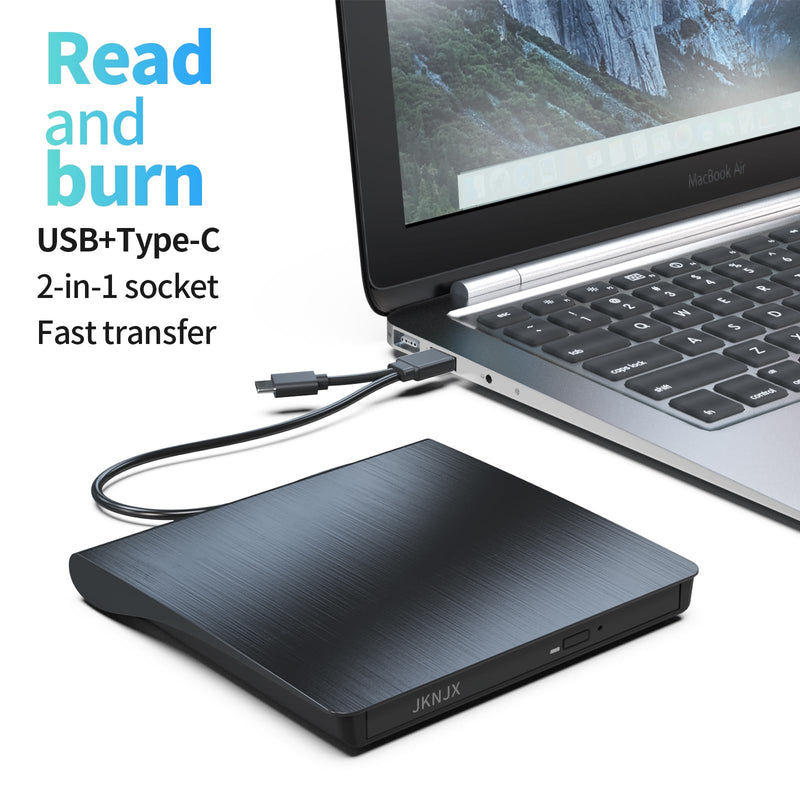 2 in 1 External CD DVD Drive, USB 3.0 and Type-C Disc Reader Burner Player | Optical Drive for PC Laptop Desktop MacBook Mac Windows Linux OS Apple Dark Black