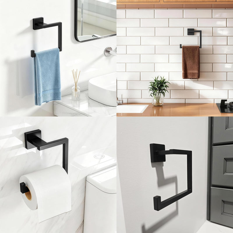 KLJKPA Square Towel Ring, Hand Towel Holder for Bathroom Wall Mount, Black | Toilet Paper Holder, Heavy Duty Towel Hanger for Shower, Kitchen, Stainless Steel, Space Saving, Multifunctional