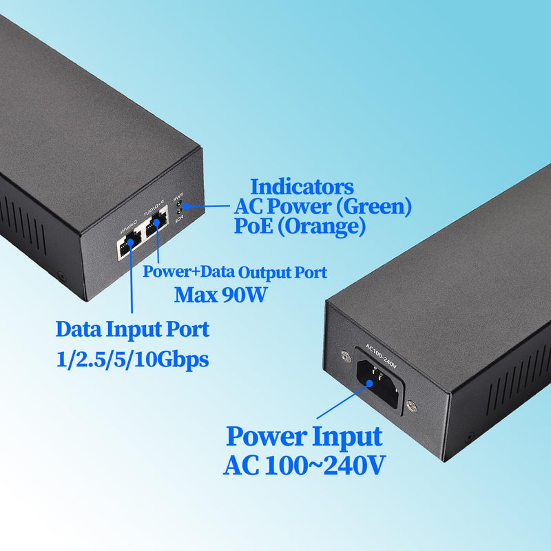 10G 90W PoE Injector, Convert Non-PoE to PoE++ Adapter, IEEE802.3af/at/bt Standard, 1/2.5/5/10Gbps Network via RJ45, Up to 100M Distance, Plug&Play (PSE90BT-10G) 10G 90W (PSE90BT-10G)
