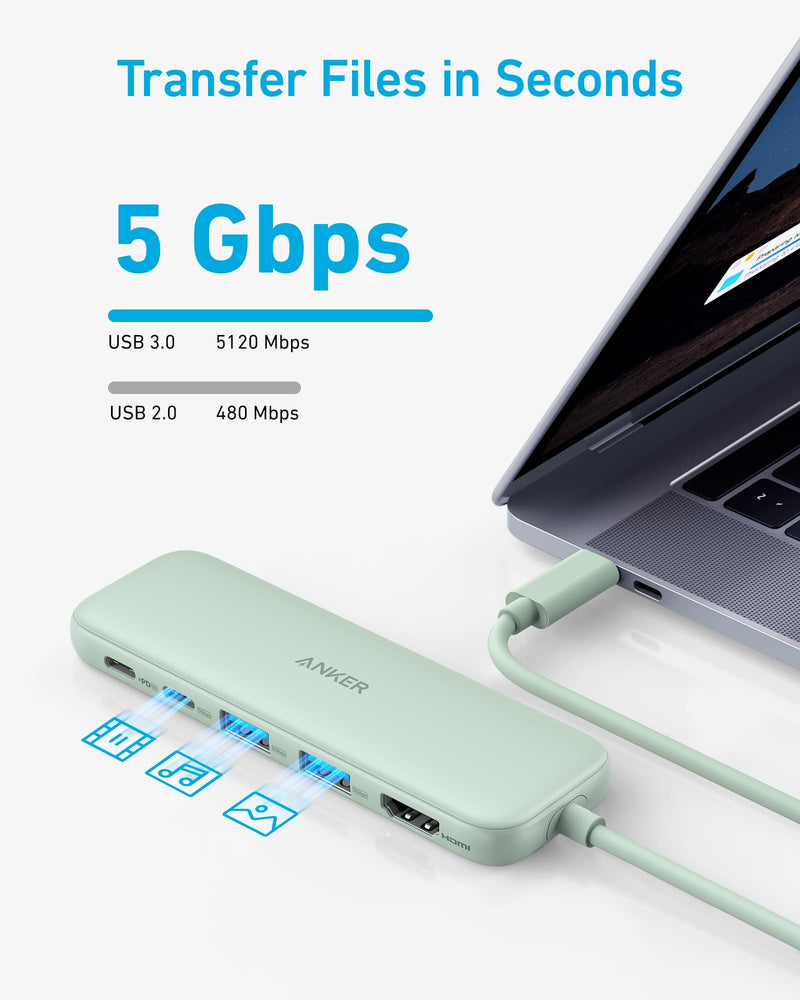 Anker 332 USB-C Hub (5-in-1) with 4K HDMI Display, 5Gbps USB-C Data Port and 2 5Gbps USB-A Data Ports and for MacBook Pro, MacBook Air, Dell XPS, Lenovo Thinkpad, HP Laptops and More(Green) Green