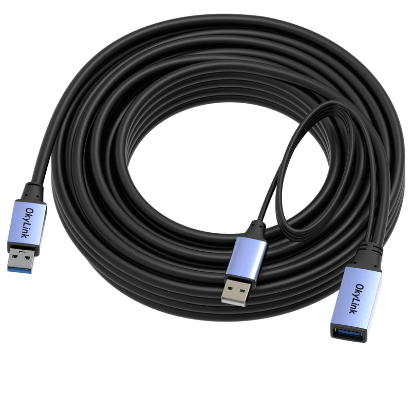 OkyLink Active USB 3.0 Extension Cable A to A, Male to Female 30ft | 10m, 3.2 Gen1, with Power Cable, 5Gbps, Plug and Play,for Long Range CCTV, Scanner USB3.0(5Gbps) 32ft (10m)