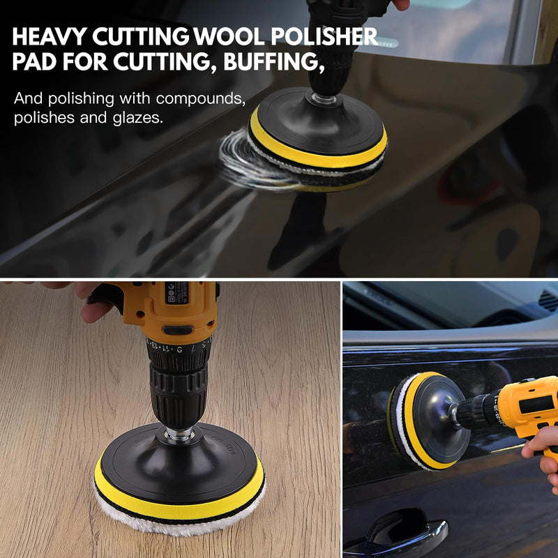 7 Pcs 3 Inch (80 mm) Wool Buffing Polishing Pad Car Polisher Buffer Drill Attachment with M10 Drill Adapter 3Inch-7Pcs