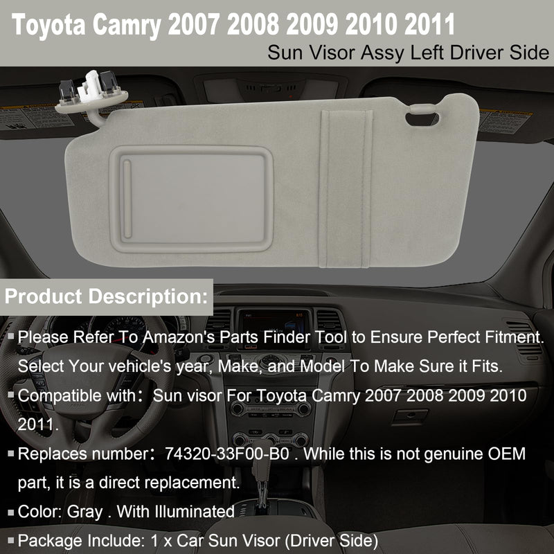 NHILES Left Driver Side Sun Visor Fits for Toyota Camry 2007 2008 2009 2010 2011 Replacement Sun Shade with Light # 74320-33F00-B0 (Gray) Gray(Left Driver with light)