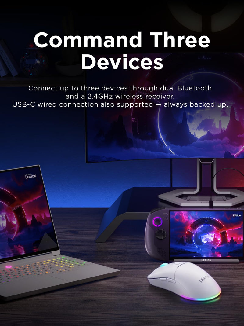 Lenovo Legion M220 Wireless RGB Gaming Mouse, Tri-Mode (Bluetooth, 2.4GHz & Wired), 5000 DPI Optical Sensor, 2-Zone RGB Lighting, 100Hr Battery, 7 Buttons, USB-C Rechargeable, Glacier White
