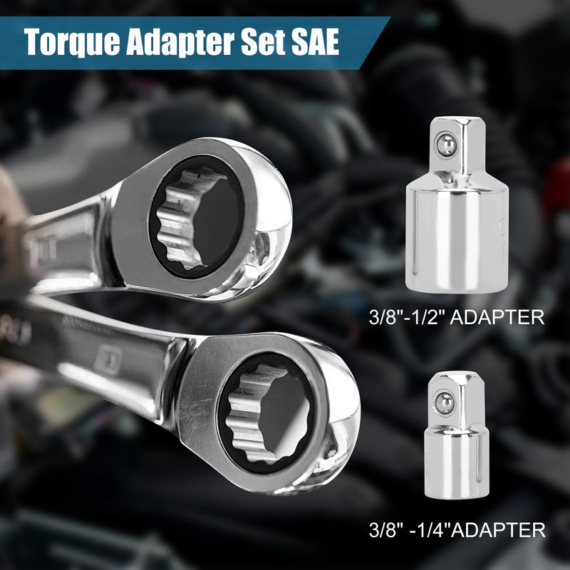 Torque Adapter Set SAE 12PCS, Includes 5/16", 3/8", 7/16", 1/2", 9/16", 5/8", 11/16", 3/4", 13/16", 7/8", 12 Point Box End Torque Wrench Extension Adapter 3/8" Drive, with 1/2" + 1/4" Drive Converters SAE 5/16" - 7/8"