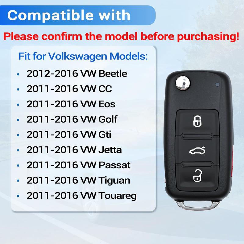Key Fob Fit for Volkswagen Beetle 2012-2016 VW CC Eos Golf GTI Jetta Passat | Fits for VW Tiguan Touareg 2011 2012 2013 2014 2015 2016 Car Keyless Entry Remote Control NBG010180T 315 MHz