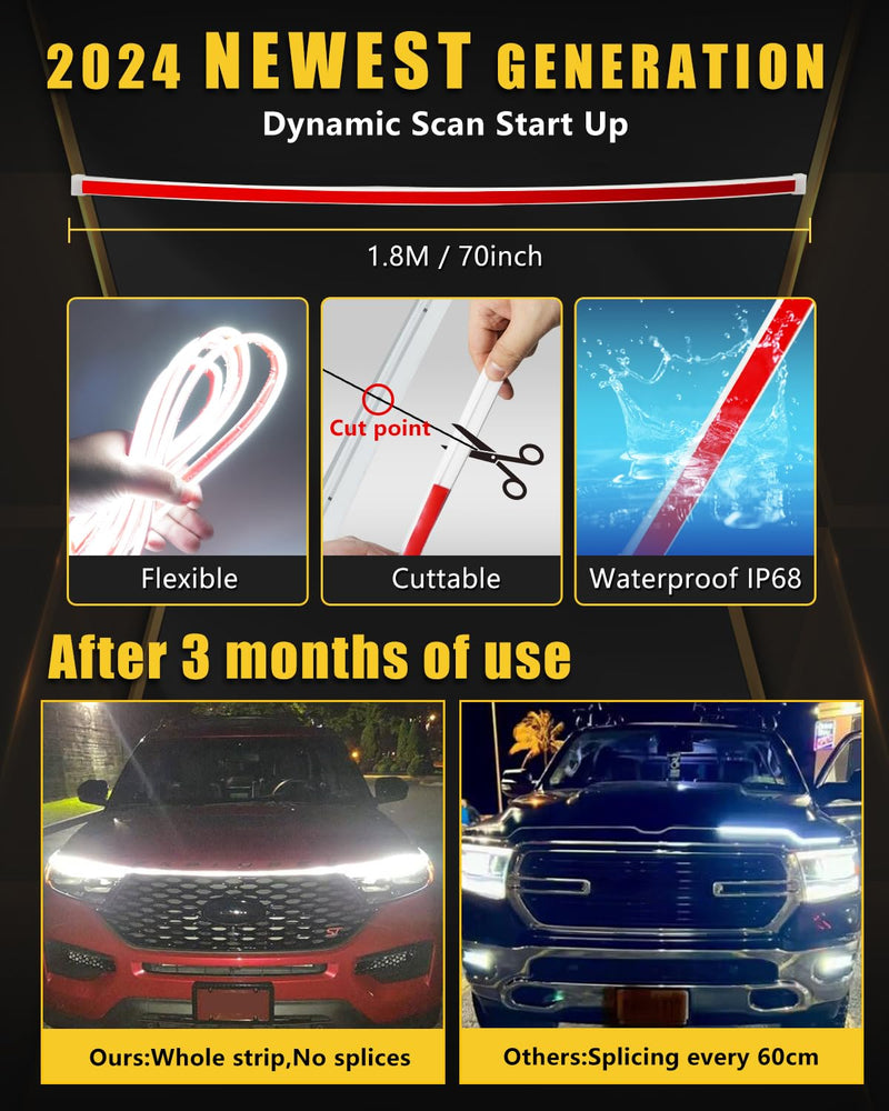 Dynamic Scan Start Up Hood Light Strip Sequential Flowing Turn Signal Lights Flexible DRL Daytime Running Light Car Led Light Strip Exterior,Dual Color Amber White Switchback 12V 70inch (1 Set) White/Amber Switchback 70 inches