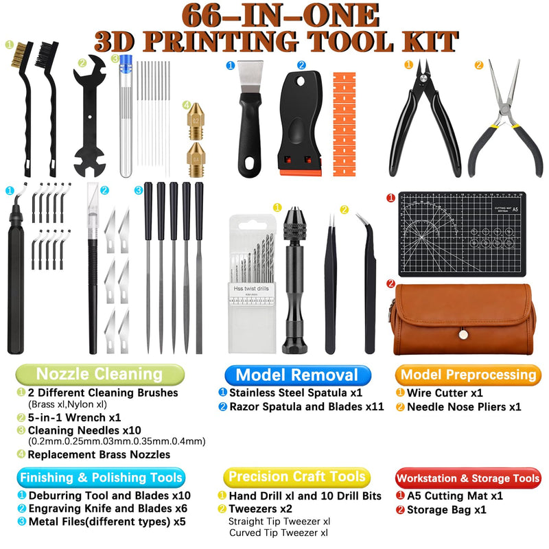 66Pcs 3D Printer Tools Kit with Storage Case, All-in-One Accessories for FDM/SLA Printers - Deburring Tool, Scrapers, Metal Files, Brushes, Hand Drill, Tweezers & More, for Bambu Lab, Ender 3, Kobra