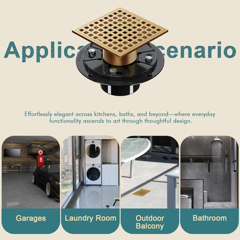 Shower Drain 4-1/4 Inch - Square Shower Floor Drain Kit with ABS Flange for 2" or 3" Pipe, SUS304 Stainless Steel Drain with Hair Strainer,Removable Strainer Cover, Champagne Bronze