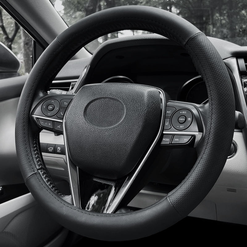 Steering Wheel Cover Standard Size 14.5-15 inch, Non-Slip Car Wheel Cover Protector, Breathable Microfiber Leather, Black 1. Four Cut Standard size[14 1/2''-15'']