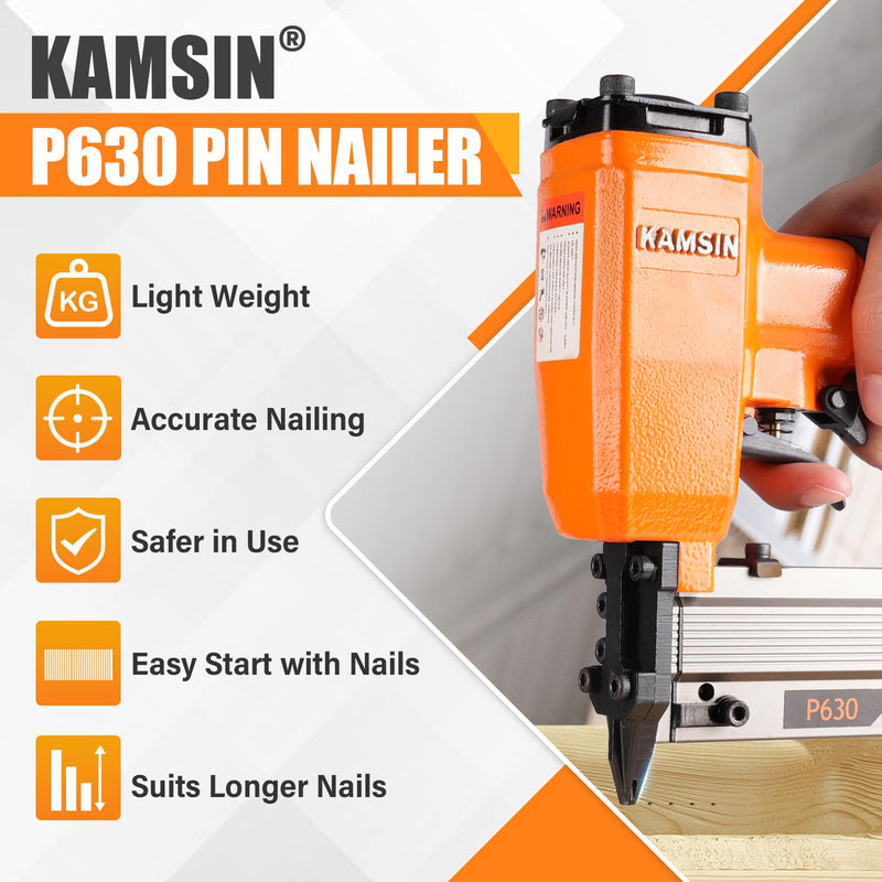 P630 23 Gauge Pneumatic Pin Nailer with 10,000PCS 1/2" Pin Nails | 1/2" to 1-3/16"(12-30mm) Leg Length, Micro Pinner with Safety, Air Headless Pin Nail Gun for Furniture, Cabinets P630