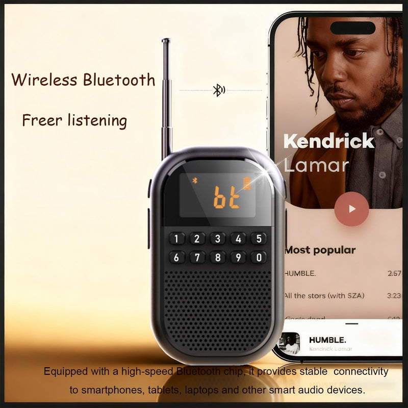 Longben AM FM Portable Pocket Radio Personal Radio Supports Bluetooth 1100mAh mini Speaker Stereo Earphone, Sleep Timer (Beige) Beige