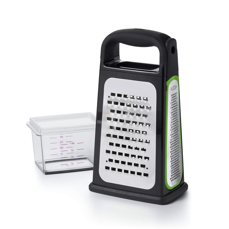 OXO Good Grips Etched Box Grater with Removable Zester | Ideal for Grating Cheese or Zesting Fruits | Storage Container Included | 4 Sided Grater | Comfortable Handle Box Grater with Removeable Zester