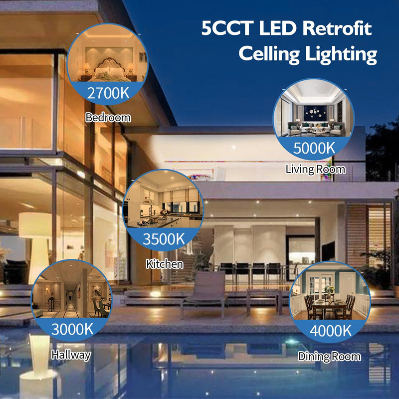 Jolux 4 Inch LED Recessed Lighting,Selectable 2700K/3000K/3500K/4000K/5000K Length Adjustable Retrofit Downlight,8.5W=40W,500LM,Dim,Bevel Trim,Easy Install 4 Pack 5CCT in One (2700K, 3000K, 3500K, 4000K, 5000K) 4 Inch-4 PACK