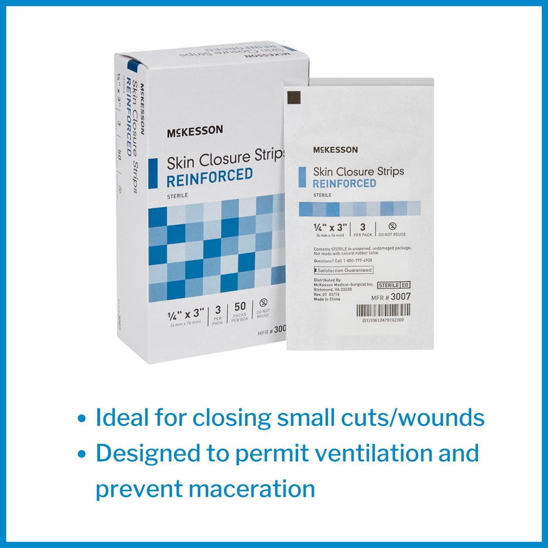 McKesson Skin Closure Strips, Sterile, Reinforced, 1/4 in x 3 in, 50 Count