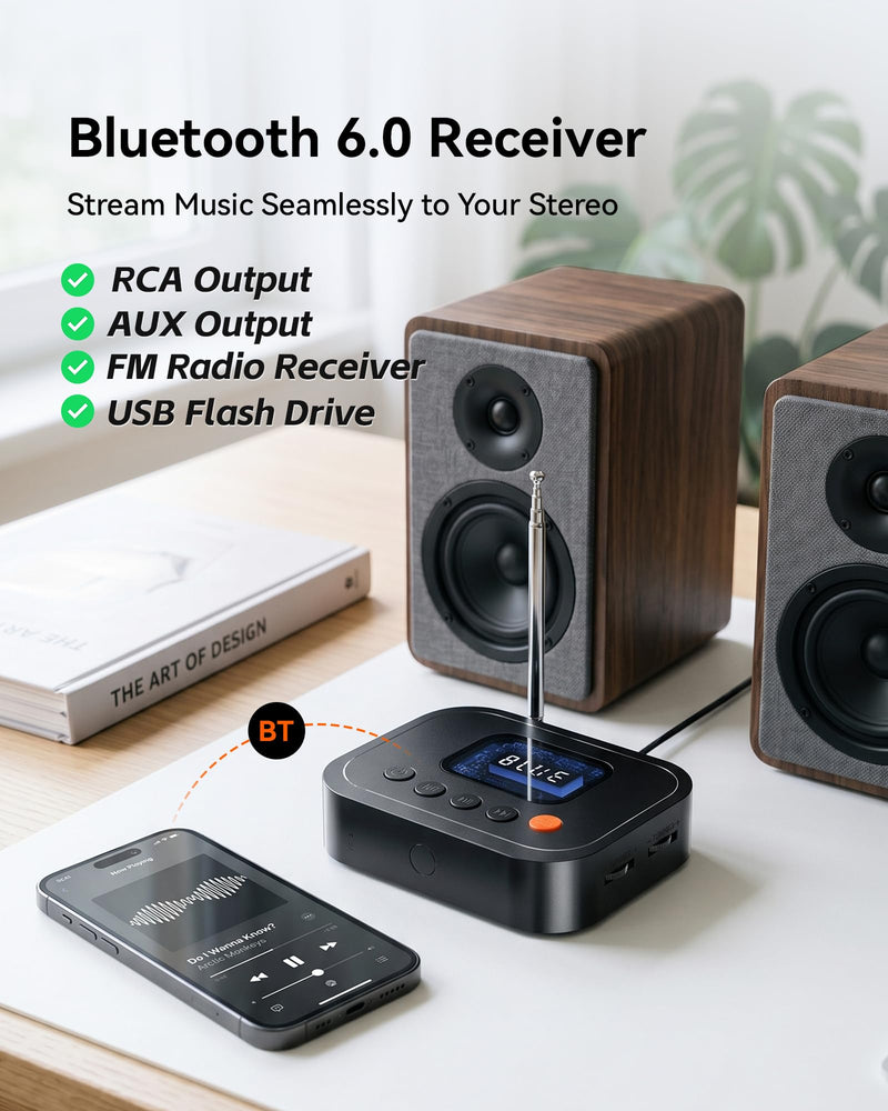 Bluetooth 6.0 Audio Receiver, 3-in-1 Wireless Adapter with FM Radio, U-Disk Playback, HD LED Display, Remote Control, Dual Output, Long Battery, Wireless Upgrade for Home Amplifier & Wired Speakers
