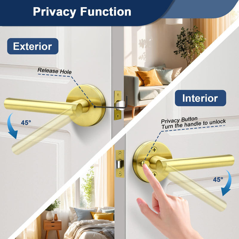 Orger 1 Pack Gold Door Handle Interior, Privacy Brushed Gold Door Lever with Lock, 304 Satinless Steels Keyless Door Handle for Bedroom and Bathroom, Reversible for Right & Left