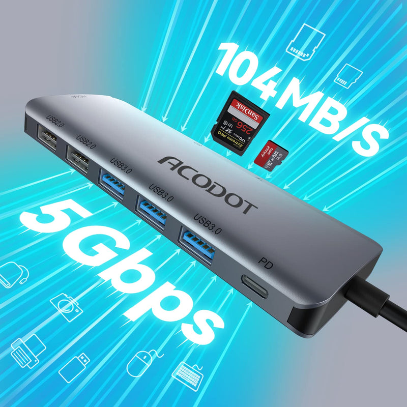 USB C Hub, Acodot 9 in 1 Type C Hub Adapter Portable Docking Station Aluminum Dongle Compatible with MacBook Pro/Thunderbolt 3 Laptops of Type C Devices, with 4K HDMI/ 5 USB Ports/ 100W PD/SD/TF 4K30HZ
