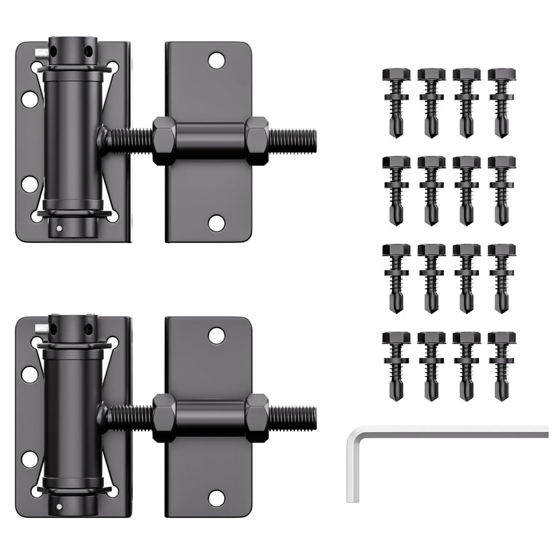 Heavy Duty Self Closing Gate Hinges for Metal/Vinyl/PVC/Wood Fence,90 Degree Narrow Wood Door Hinges with Adjustable Tension,Gate Closer Hinges for Swing Door,Gate Hardware Kit,2 Pack/Set,Black Finish