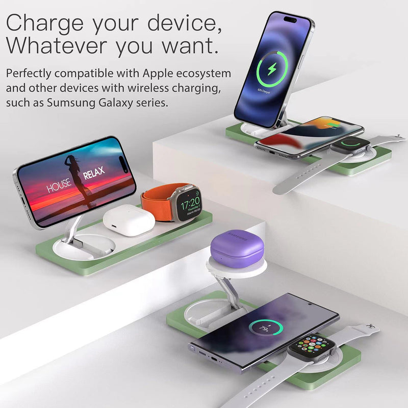 3 in 1 Charging Station for Apple Devices: Used for iPhone and Watch Charging Station with Magsafe Charger Stand, Wireless Charger for iPhone 16/15/14/13/12, Apple Watch 1-9/Ultra, AirPods 3 Pro Sprout Green