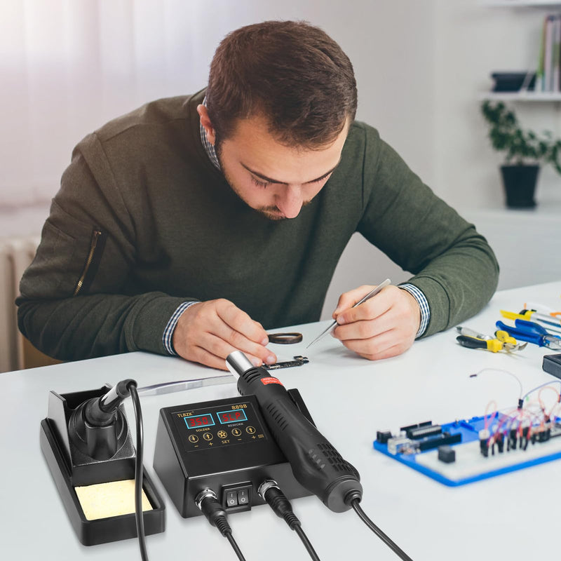 Rework Soldering Station, 2 in 1 SMD Hot Air Solder Station and Soldering Iron Kit Heat Gun with Soldering Tips, Hot Air Nozzles, Tweezers