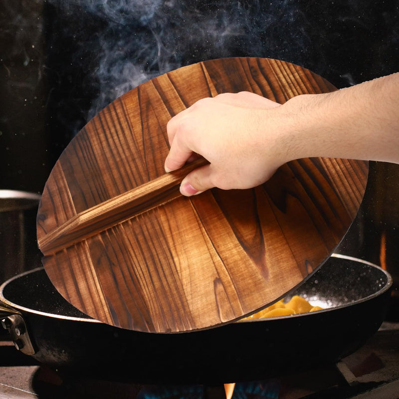 Anti-Scalding Pot Lid 12.59 Inch Wooden Handle Cover Kitchen Cooking Tool Anti Oil Splashing Protector for Home and Asian Wok Cooking 32*32*1.6cm As Shown