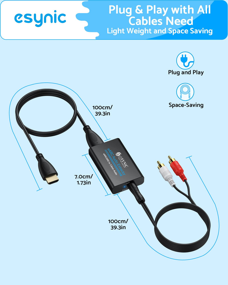 eSynic 7 FT Long eARC/ARC Audio Extractor-Plug & Play-Only Work For HDTV ARC/eARC Interface-192KHZ ARC to RCA&3.5MM Aux Adapter From HDTV to 3.5MM Headphone&L/R Stereo Audio System-No Optical Soundbar eARC/ARC to RCA