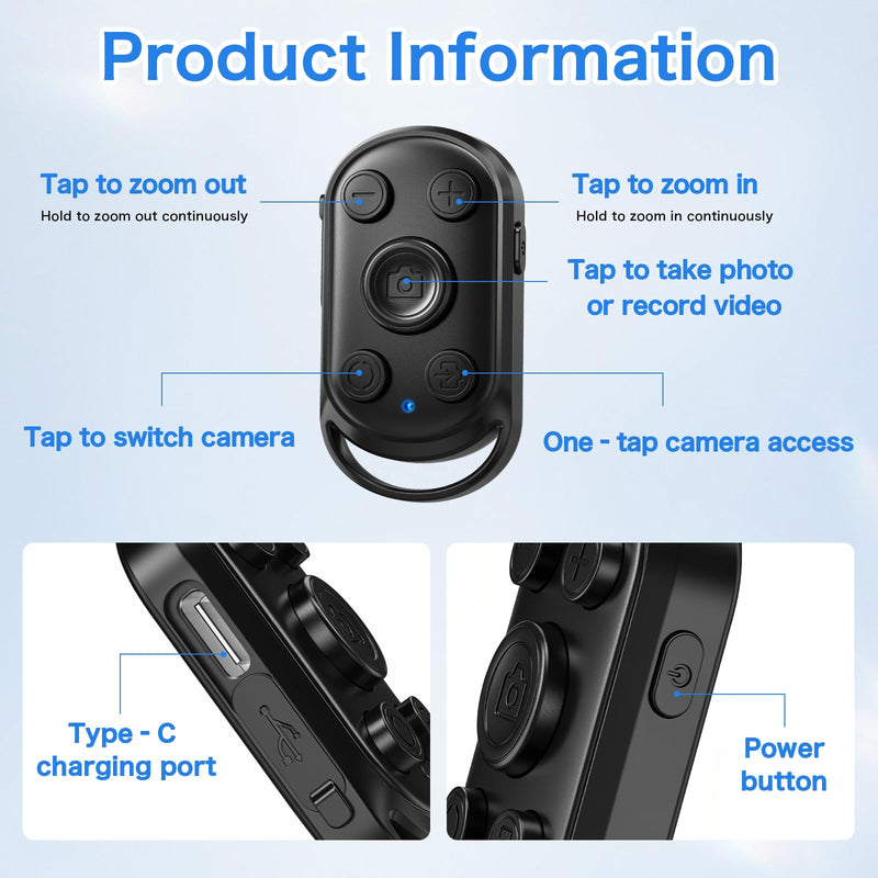 duskeep Bluetooth Camera Remote Shutter with Zoom for iPhone Android, Vlogs | Selfies and travel, photo/video remote control, front/rear switch, USB-C charging, lightweight design, adjustable wrist strap Black