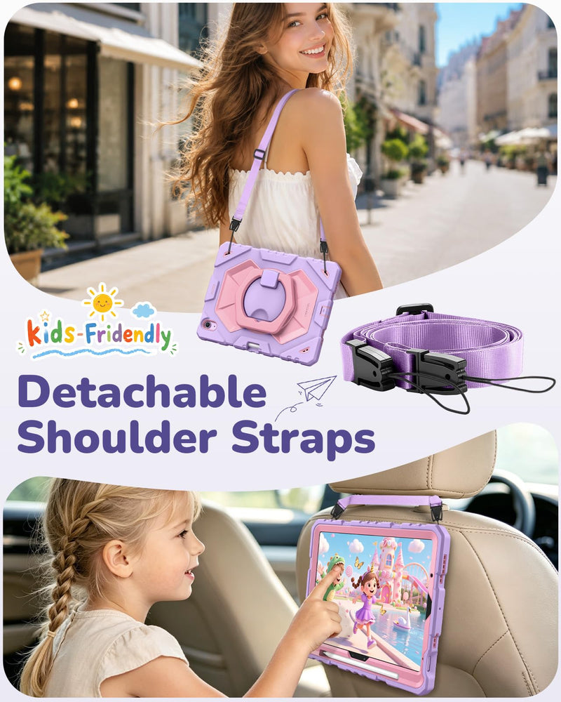 Fintie Kid-Friendly Case for iPad Air 11-inch & iPad Air 5th/4th Gen 10.9" | 360° Rotating Stand, Heavy Duty Shockproof Cover with Built-in Screen Protector, Shoulder Strap for Easy Carry, Purple