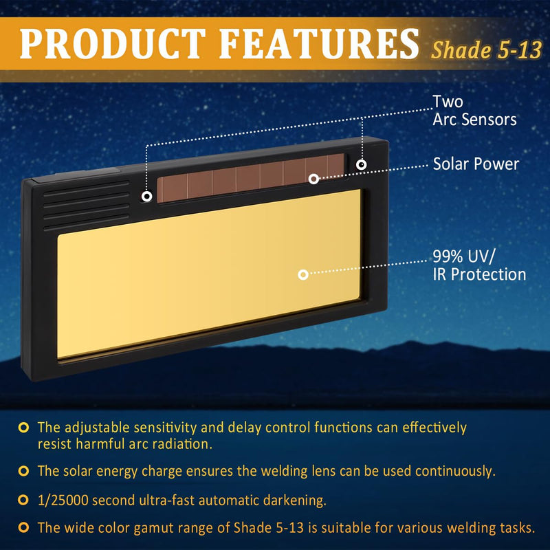 Auto Darkening Welding Lens Shade 5-13, 2“x4 1/4”x0.33”,Gold Adjustable Welding Lens, True Color HD Deep Blue Weld View, Solar Energy Welding Lens for Pancake and Pipeliner Welding Hoods and Helmets