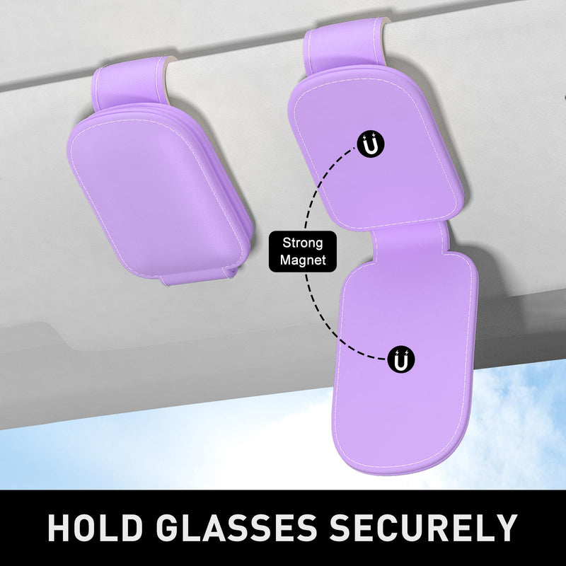 Sunglasses Holder for Car Visor, Magnetic Leather Car Sunglass Holder, Car Sun Visor Glasses Hanger Clip, Car Interior Accessories for Women Men, Fits All Size Eyeglasses Z-Purple