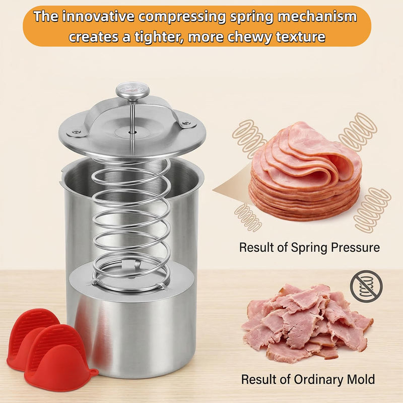 Deli Meat Press Stainless Steel with Thermometer, Lunch Meat Press Mold, Ham Maker Meat Press Tool, with 20 Cooking Bags + 2 anti-scalding clips, for Making Sandwich (Deli Meat Press Set) Deli Meat Press Set