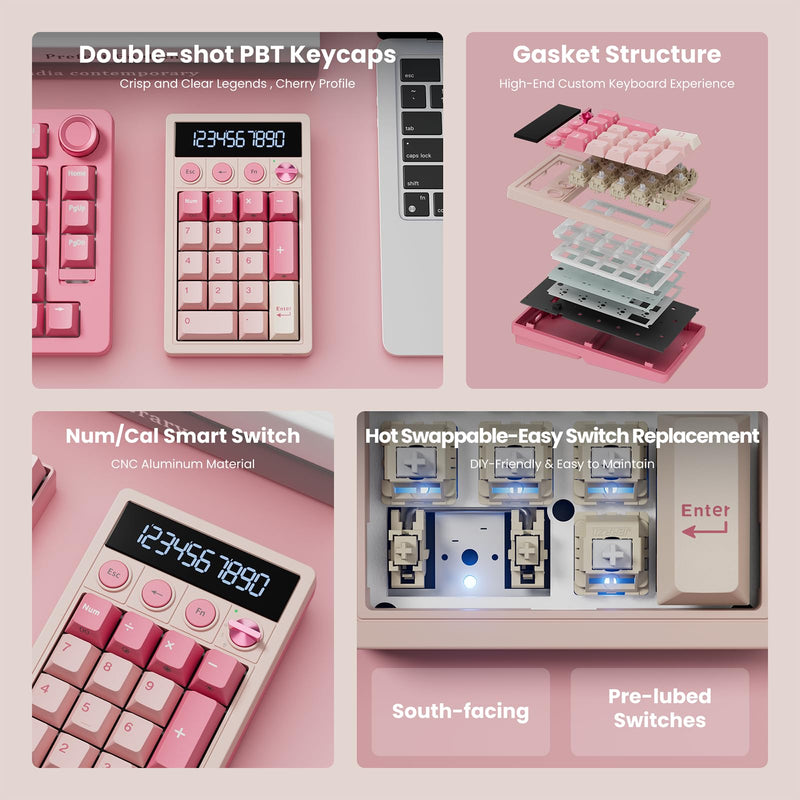 RK ROYAL KLUDGE M20 Wireless Number Pad, Mechanical Numpad with LCD Display, PC Numpad & Calculator Modes, Programmable Numeric Keypad, Bluetooth/2.4G/Wired, RGB Hot-Swappable for Win/Mac Pink Linear Creamy Switch