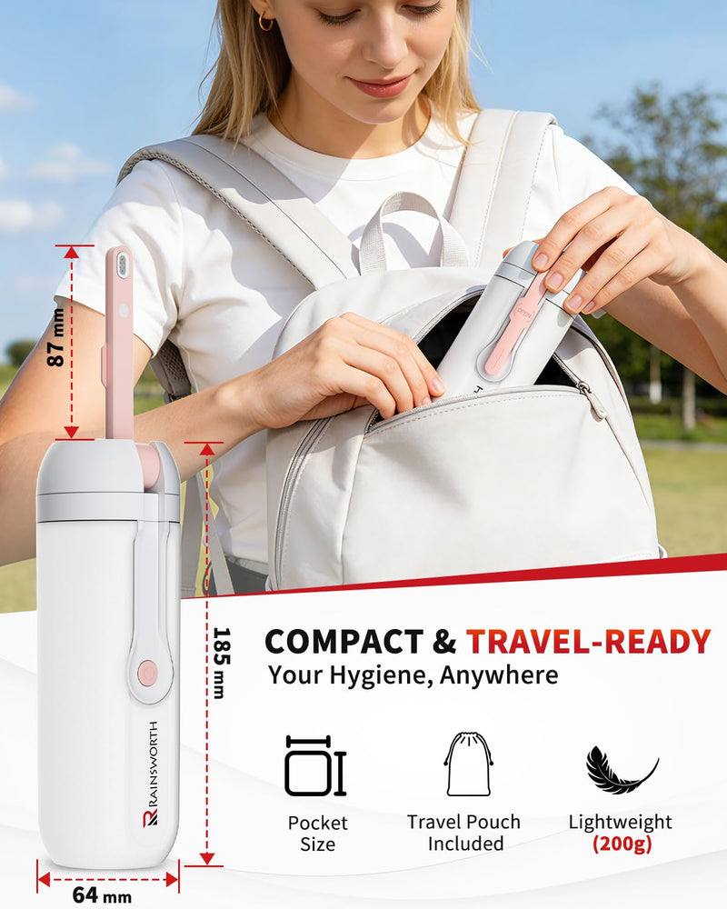 Rainsworth Portable Electric Bidet for Travel, 350ML Large Capacity, Rechargeable 1600mAh with Adjustable Nozzle, Dual Flow Modes, IPX6 Waterproof, Personal Cleaner for Women & Men, Travel, Commute Pink