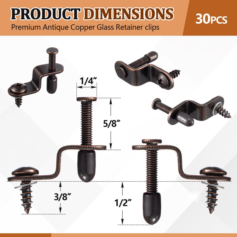 Hicarer 30 Pack Adjustable Glass Retainer Clips for Cabinet Doors, Mirror & Display Case Holder Clips with Vinyl Tip & Nylon Washer, Antique Bronze Steel Glass Fasteners for Furniture Repair