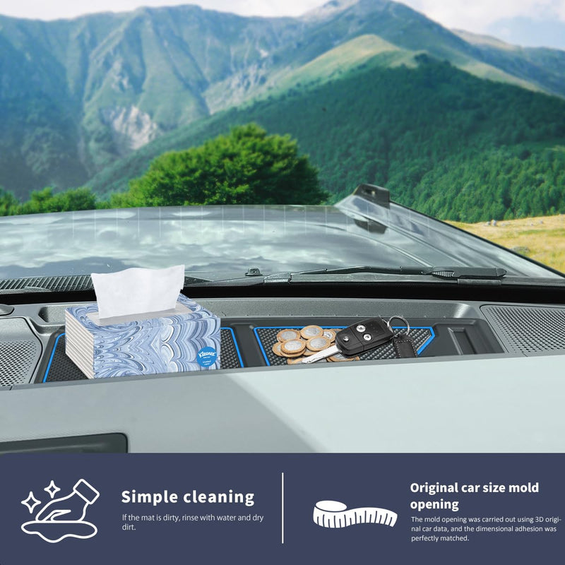 Auovo Dash Cover Tray Compatible with Ford Bronco Accessories 2025 2021 2022 2023 2024 Anti-Slip Silicone Dashboard Compartments Mat fit Bronco 2/4-Door Interior Dash Pad Liners 2-pc Set (Blue Trim) Blue 2pcs dash cover tray