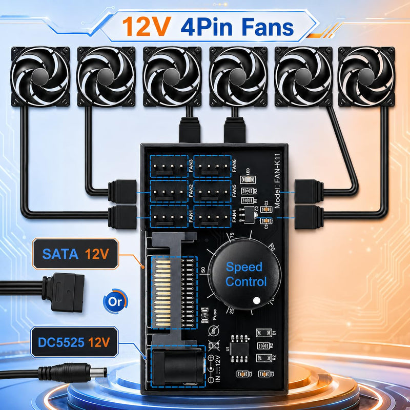 4 Pin 6 Fans Supported Pc Fan Controller 12V PWM Fan Controller | 60W/5A Adjustable Power Supply Fan Speed Controller by SATA and DC 5525, for 2/3/4-Pin Pumps PC Cases DIY Projects