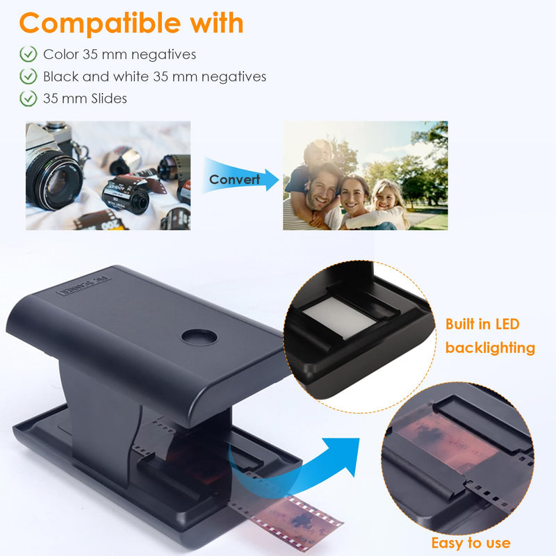 Mobile Film Scanner, 35mm Foldable Slide and Negative Scanner for Old Slides to Smartphone JPG, Built in LED Backlight, Support App Editing and Sharing