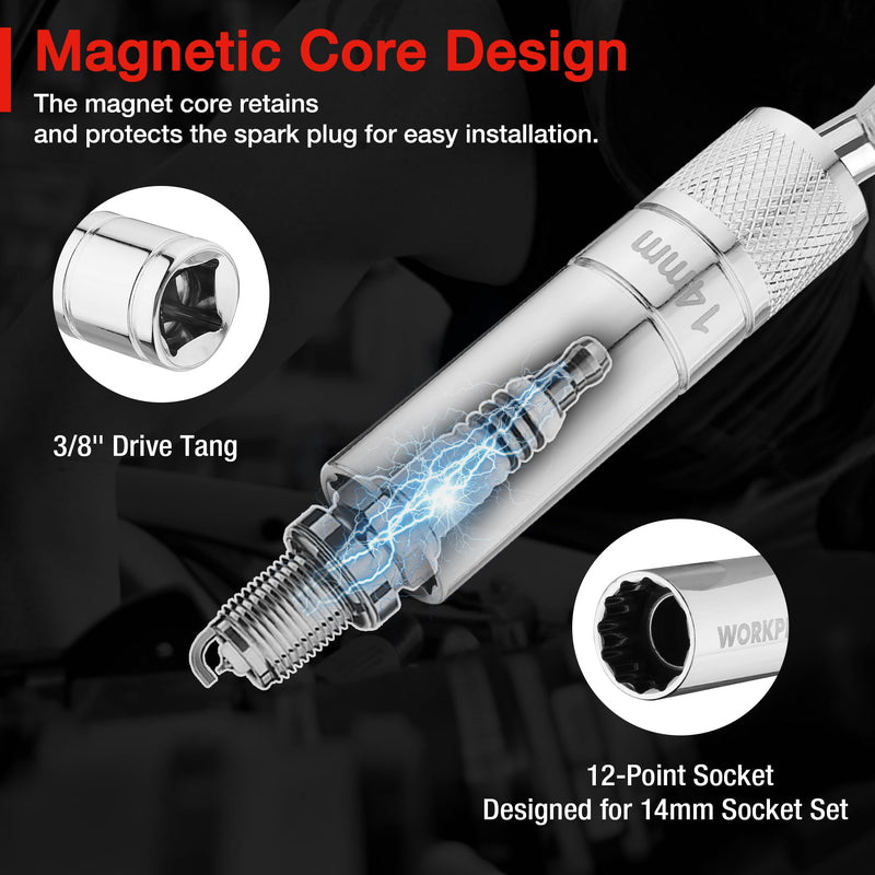 WORKPRO 3PC Magnetic Swivel Spark Plug Socket Set-Includes 14 mm Thin Wall Socket with 6- and 10-inch Extensions, 3/8-inch Drive with 12-Point, Magnetic Core