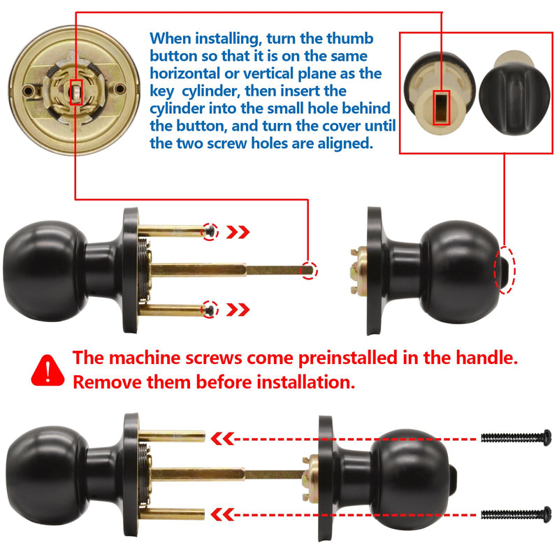 5" Backset Latch Keyed Entry Door Knob with Lock and Key, Standard Square Interface Entrance Ball Doors Knobset Lockset, Matte Black