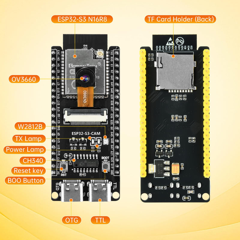 ESP32-S3-CAM Development Board with OV3660 Camera +Antenna, 16MB Flash 8MB PSRAM ESP32-S3 N16R8 Module with Dual USB-C WiFi BT MCU Microcontroller for IoT, MicroPython,DIY Projects and AI Project