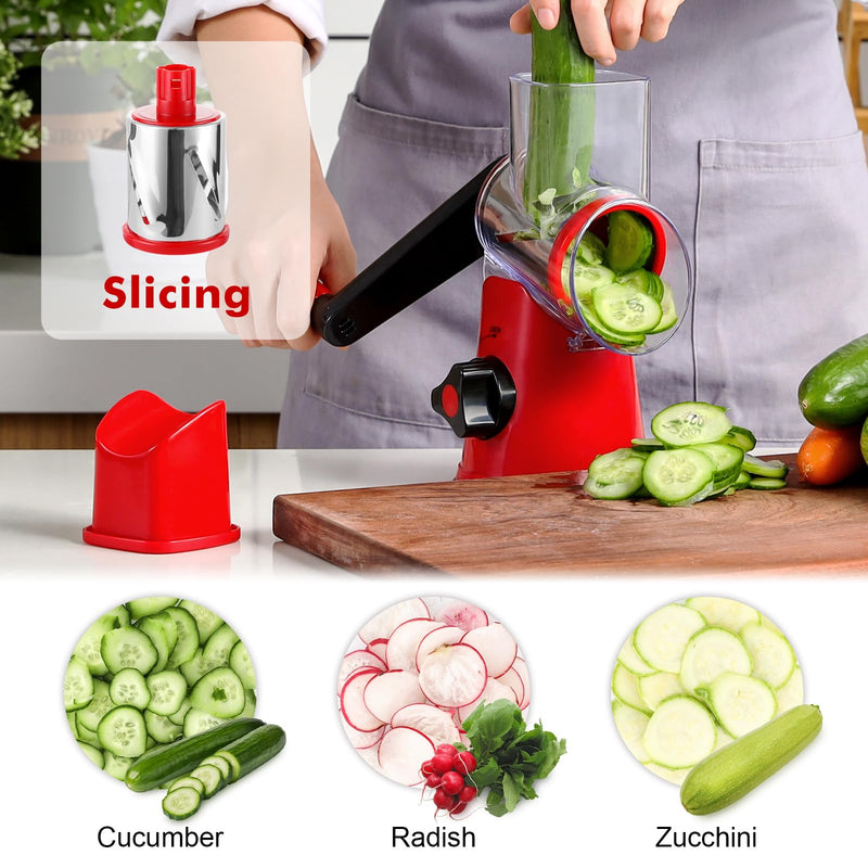Cheese Grater Rotary, Rotary Grater for Kitchen, Kitchen Grater Vegetable Slicer with 3 Drum Blades, Fast Cutting Cheese Shredder for Vegetables and Nuts Red 3 BLADES