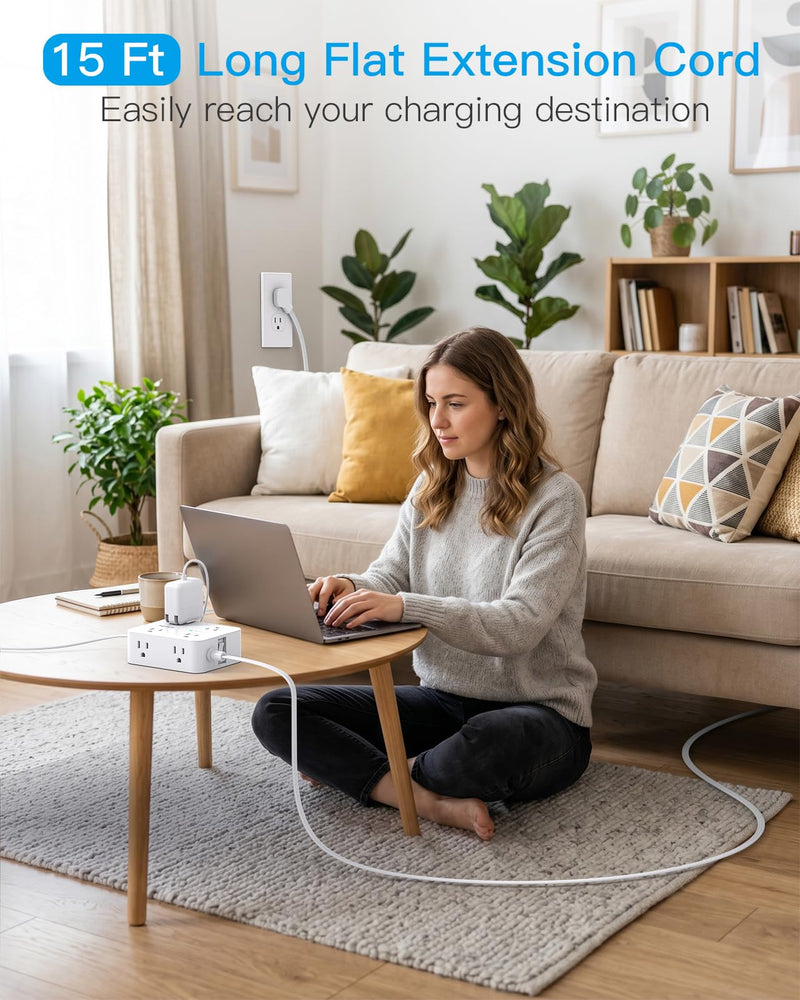 15 Ft Long Extension Cord with Multiple Outlets, Flat Plug Power Strip | Surge Protector, 1080J, 8 Outlets 4 USB Ports(2 USB C), Desk Outlet Extender, Wall Mount, Home Office Dorm Room Essentials 15ft White