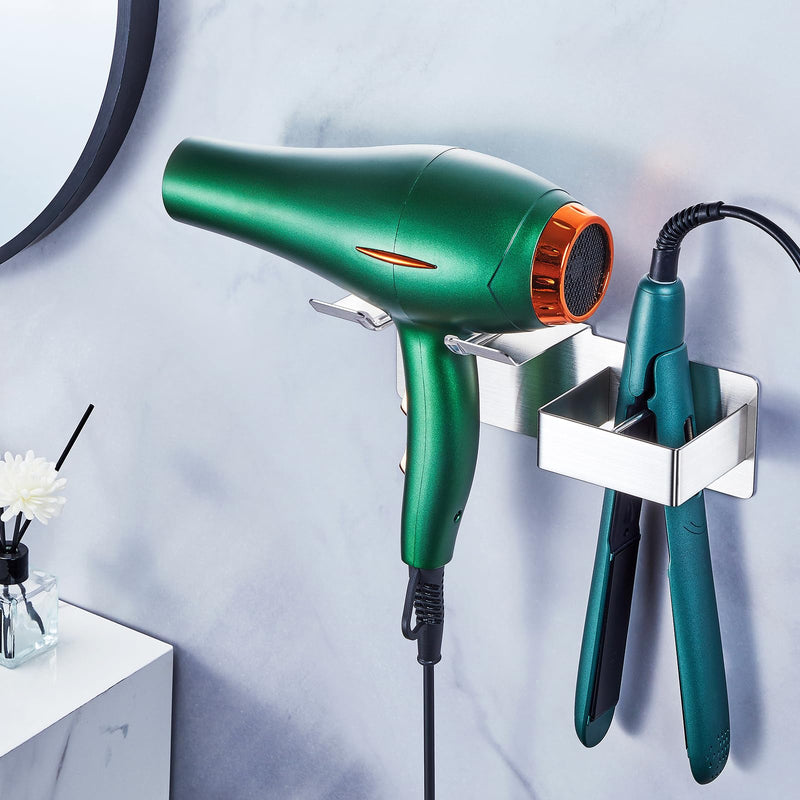  [AUSTRALIA] - Hairdryer and Straightener Holder, Hair Dryer Holder Wall Mounted, Hair Straightener Holder, Stainless Steel Straighteners Stand, Bathroom Storage for Hairdryer and Curling Iron (Silver) Silver
